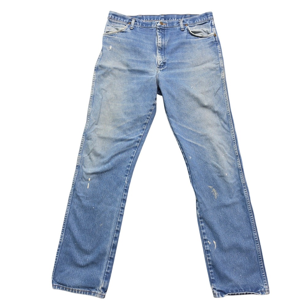 Vintage Grunge Distressed Cowboy Cut Straight Leg Jeans Mens 38x36 Blue Wrangler